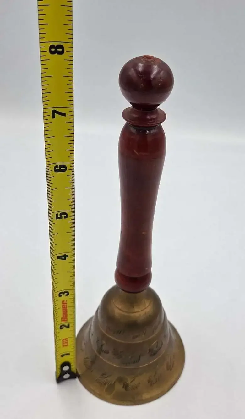 Vintage Handcrafted Brass Bell With Wooden Handle Etched India